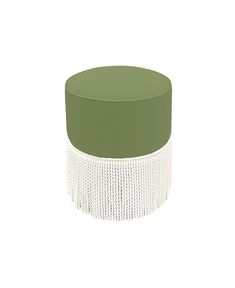 a green and white round ottoman with mesh trim around the top, on a white background