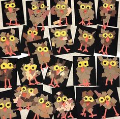 many pictures of owls made out of black paper with yellow eyes and orange beaks