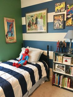 Boys Room No Theme, Superhero Bedroom Paint Ideas, Striped Boys Room, Toddler Boy Blue Room, Blue Kids Room Boys, Green And Blue Room Bedrooms, Blue Boys Room Paint, Blue Room Ideas For Boys, Blue Paint Boys Room