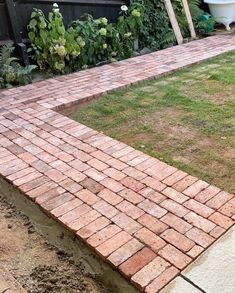 a brick walkway in the middle of a yard