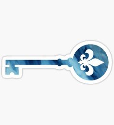 a blue and white watercolor key sticker with an image of a flower on it