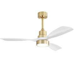 a gold ceiling fan with white blades and a light on the top, against a white background