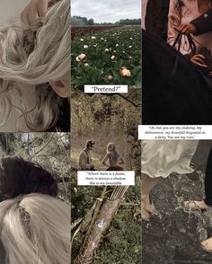 the collage shows images of people in different places, including trees and flowers with words written on them