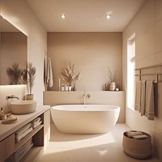 a large white bath tub sitting in a bathroom next to a sink and mirror on the wall