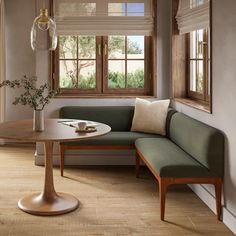 a corner table and bench in a room