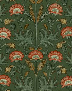 a green wallpaper with red and orange flowers on the bottom half of it, surrounded by leaves