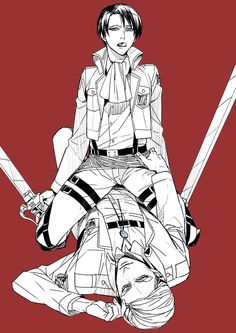 an anime character sitting on the ground with two swords in his hand and another person standing behind him