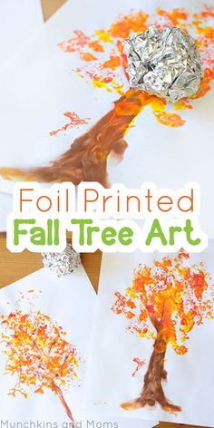 fall tree art project for kids to make with foil and tissue paper on the table