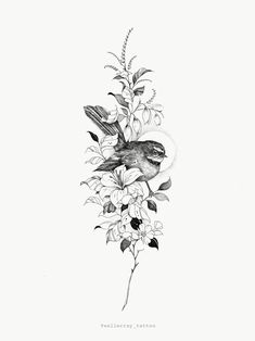 a black and white drawing of a bird sitting on top of a flower branch with leaves