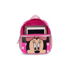 Whether they're headed to school, a sleepover or even traveling, this magical 12 inch size Minnie Mouse pink polka-a-dot Backpack is sure to be the perfect and most stylish option. With a large exterior zip pocket, your little one has all the room they need for books, little knick-knacks and accessories. This backpack is designed with a Minnie face front pocket adorned with a glitter bow and easy closure closure. The sides of the bag are lined with mesh pockets for easy water bottle storage and End Of School Year Character Backpack In Pink, Minnie Mouse School Bag For Back To School, Back To School Character Backpack In Pink, Character Pink Backpack For Back To School, Pink Minnie Mouse Backpack For Disney Trips, Minnie Mouse Backpack For Back To School, Pink Minnie Mouse Standard Backpack, Pink Character Backpack, Character Style Pink Backpack