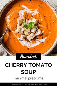 This roasted cherry tomato soup is creamy and super simple to make! With minimal effort and equipment (you'll only need a baking sheet and a blender) , this healthy tomato soup will satisfy your cravings for a comforting meal. Blended with coconut milk and seasonings, it's also actually vegan and made without cream yet creamy and velvety smooth! Cherry Tomato Soup, Healthy Tomato Soup, Canned Tomato Soup, Roasted Cherry, Roasted Cherry Tomatoes, Tomato Soup Recipes, Cherry Tomato, Work Lunch