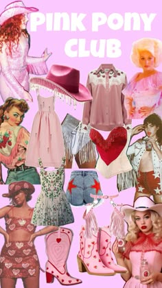 pink pony club collage with images of women in dresses and hats, including boots