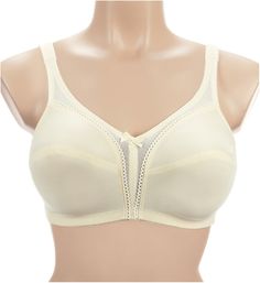 This sweet and simple bra is designed with horizontal seams in the cup that give a slight conical shape for a more retro look. Multi-part, wireless cup made of nylon tricot is unlined (unpadded). Horizontal seaming across the cups gives a more vintage, conical look. Full coverage cups with a slight V-neckline. Semi-sheer mesh at edges of cup and down the center creates a lovely effect and stays in place with sewn-on, picot trimmed elastic at the edges. Delicate, scalloped mesh peeks out from und Cream Full Coverage Bra With Removable Pads, Full Coverage Cream Bra With Removable Pads, Classic Full Cup Beige Bra, Classic Beige Full Cup Bra, Beige Full Cup Bra With Medium Bust Support, Classic Cream Bra With Padded Cups, Cream Full Coverage Bra With Medium Bust Support, Cream Full Coverage Bra With Medium Support, Elegant Cream Bra With Medium Bust Support