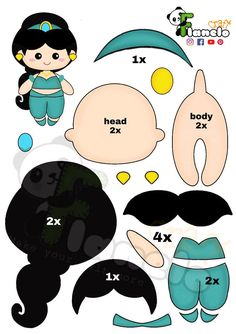 the paper doll is showing how to cut it out and put in different shapes for each character