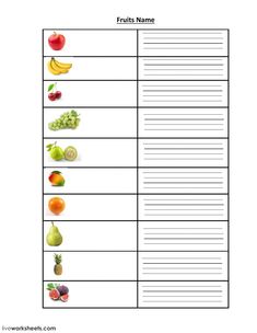 fruits and vegetables are shown in this worksheet to help students learn how to write the