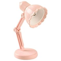 a pink desk lamp with a white light on the top and one arm raised up