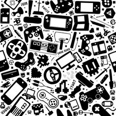 a black and white pattern with video game related items in the center, all on separate layers