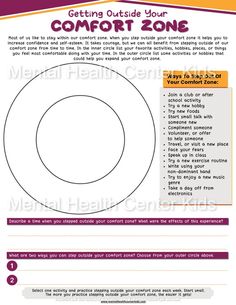 Comfort Zone Worksheet for Kids and Teens Family Therapy Activities, Meditation Kids, Positive Self Esteem, Improve Confidence