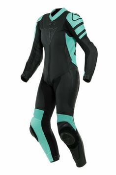 a black and blue motorcycle suit on a white background