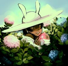 a woman wearing a white hat and holding a pink object in her hands, surrounded by flowers