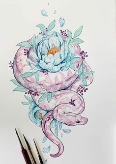 a watercolor drawing of a pink snake and flower