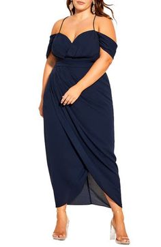 A cold-shoulder neckline enhances the contemporary sophistication of a curve-skimming dress with an elegantly draped skirt. 44" length (size X-Small) Sweetheart neck Cold-shoulder short sleeves Lined 100% polyester Hand wash, dry flat Imported Maxi Dress Navy, Dress Plus Size, Plus Size Swimwear, City Chic, Chic Dress, Mother Of The Bride Dresses, Latest Fashion For Women, Fashion Trend, Guest Dresses