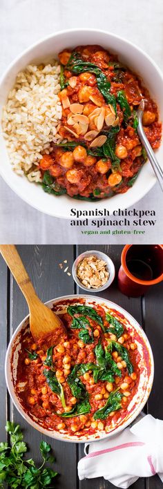 two pictures showing different types of food in bowls, one with rice and the other with spinach