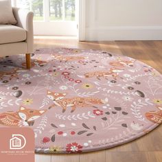 a living room with a chair and rug on the floor