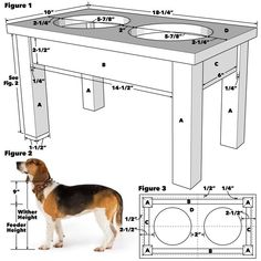 a dog standing in front of a table with two sinks on it and measurements for the legs