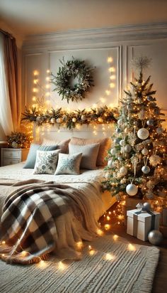 a bedroom decorated for christmas with lights on the walls and a tree in the corner