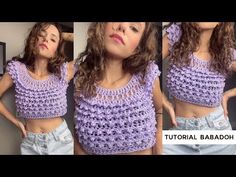 three pictures of a woman wearing a purple crochet top