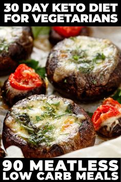 some stuffed mushrooms with cheese and tomatoes on them are ready to be eaten for dinner