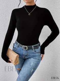 Ebeek - Classic Half Turtleneck Pullover with Long Sleeves, Elegant Solid Color Elastic Shirts for Fall/Winter Season - Womens Fashion Tops Turtleneck Pullover, Ladies Tops Fashion, Fashion Tops, Winter Season, Types Of Printing, Types Of Sleeves, Fall Winter, Turtle Neck, Long Sleeves