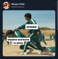 a group of young men in green uniforms doing exercises on the ground with words going to work on monday