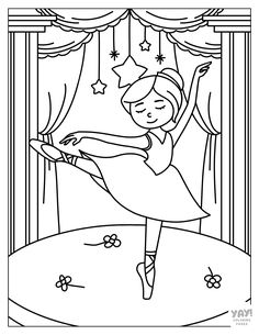 a coloring page with a ballerina in the air and stars hanging from the ceiling