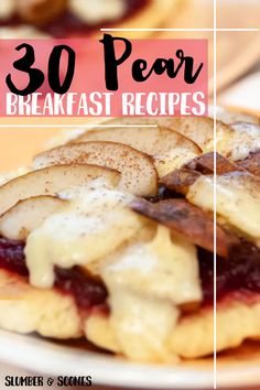 the breakfast is ready to be eaten on the plate with fruit and pancakes in the background