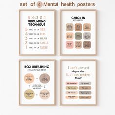 four mental health posters on the wall in different colors and sizes, with instructions for each individual