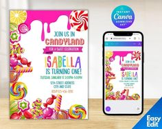 an iphone next to a candy land birthday party card with the text, join us in candyland