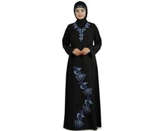 Party Wear  -A-line Abaya with floral embroidery patterns. -Designer neck with beautiful machine hand embroidery. -Matching embroidery floral motif pattern in front. -Matching Square Hijab (100*100 cm) and Band Included. Color: Black Fabric: Kashibo (polyester) Care: Dry Clean Please Note: All care has been taken for on screen color resemblance of the garments, however 5% variation may be accepted as different monitor capabilities. Black Long Sleeve Abaya With Floral Embroidery, Black Thobe With Floral Embroidery And Long Sleeves, Black Long Sleeve Thobe With Floral Embroidery, Black Embroidered Abaya For Wedding, Black Embroidered Wedding Abaya, Wedding Black Embroidered Abaya, Traditional Niqab For Eid, Black Embroidered Floor-length Abaya, Traditional Black Long Sleeve Khimar