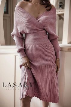 Lasaky - Lurex Rib Knit Off Shoulder Two Piece Midi Dress Classy Manicure, Sweater Knit Skirt, Pretty Clothing, Pleated Knit, Pink Sweater Dress, Sweater Dresses, Dresses Pink, Dress Dusty, Irregular Hem