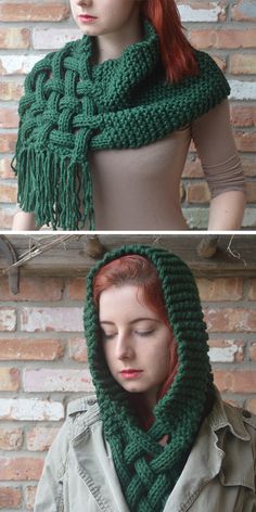 two pictures of a woman wearing a green scarf