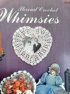 there are many items on display in front of the sign that says, threaded crochet whimsies