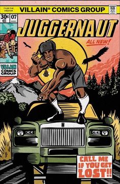 an old comic book cover with a man on top of a truck