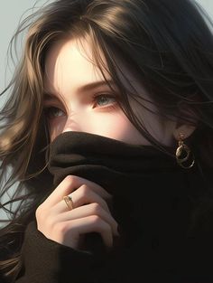 a close up of a person wearing a black coat and gold rings with her hair blowing in the wind