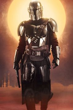 the star wars character boba fett standing in front of a sun