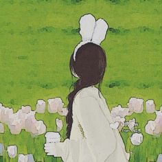 a painting of a woman walking through a field with tulips in the background