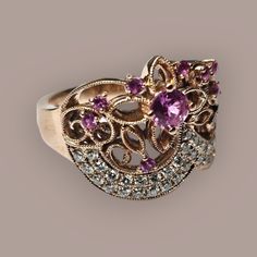 Elevate your jewelry collection with this exquisite Roberta Porrati ring. Crafted from 14k rose gold, the ring features stunning round diamonds pavé set, with (tests as) 10 pink sapphires. Size 6.75 and sizeable, in very good pre-owned condition. Weighs 5.9 grams. This fine jewelry piece is perfect for any occasion and will make a timeless addition to your collection. With a total carat weight of 0.33 and a diamond color grade of G, this ring is sure to catch the eye of anyone who sees it. Add a touch of sophistication and luxury to your wardrobe with this Roberta Porrati 14k rose gold ring. Diamond Color Grade, 14k Rose Gold Ring, Ring Pictures, Diamond Color, Pink Sapphire, The Eye, Pave Diamonds, Rose Gold Ring, Gold Ring