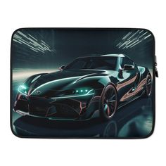 a laptop case with a car on the front and lights in the back, as well as