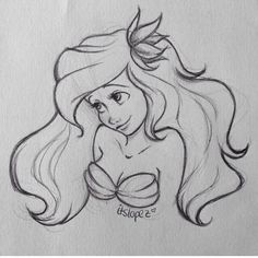 a pencil drawing of a little mermaid with her hair blowing in the wind and eyes closed