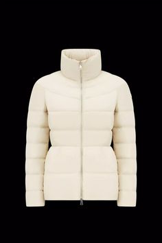 Moncler -Guery Short Down Jacket in Sand Beige Winter White Down Outerwear, Luxury Quilted Jacket For Work, Designer Fitted Puffer Jacket, Moncler Store, Down Jackets, Sand Beige, Nylon Fabric, Rain Wear, Waist Belt